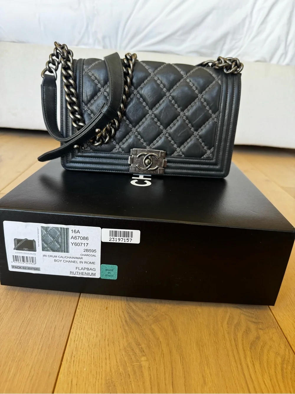 Chanel Boy Bag Medium Flap - 16A Charcoal Calfskin with Ruthenium Hardware